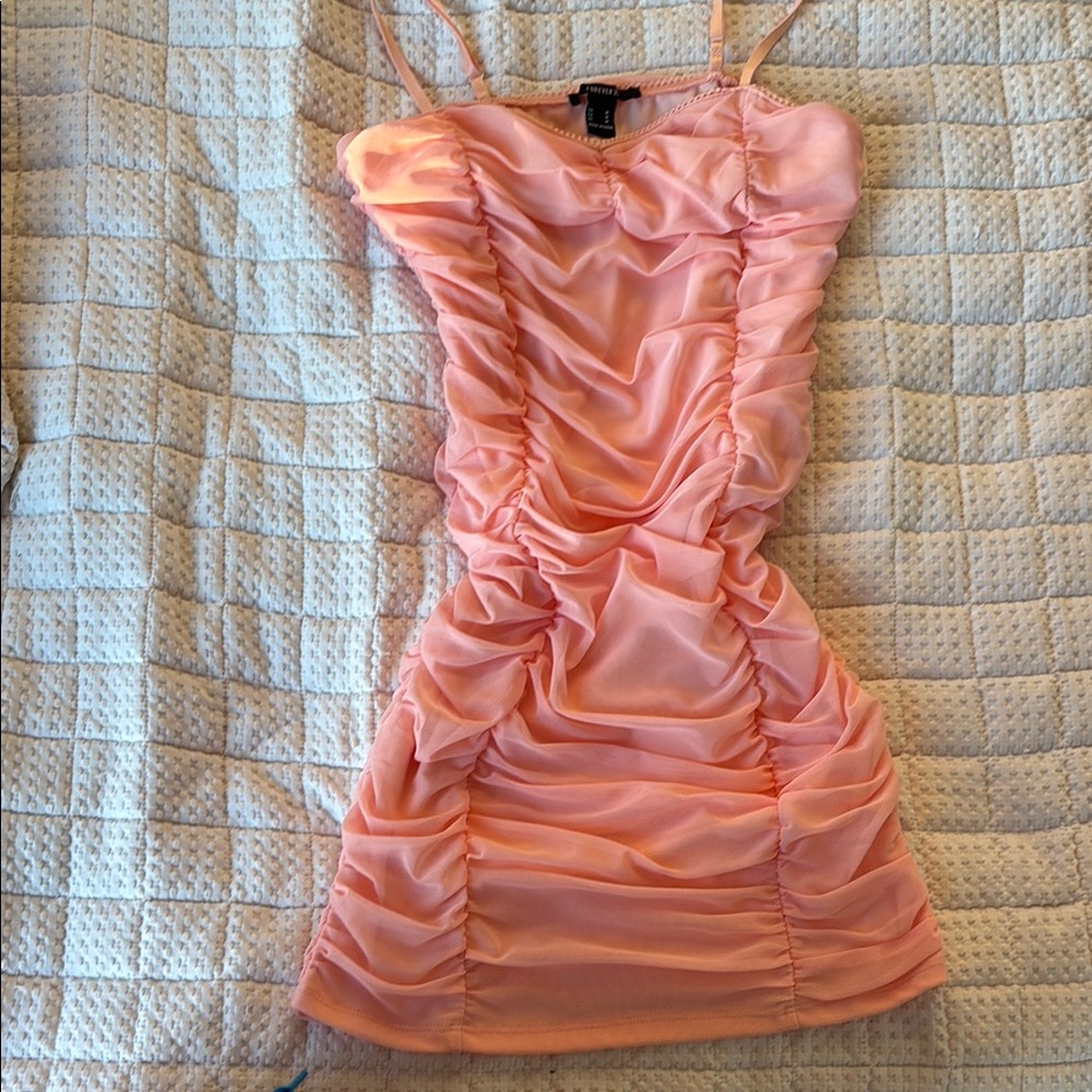 Forever 21 Pink Ruched Spaghetti Strap Mini Dress